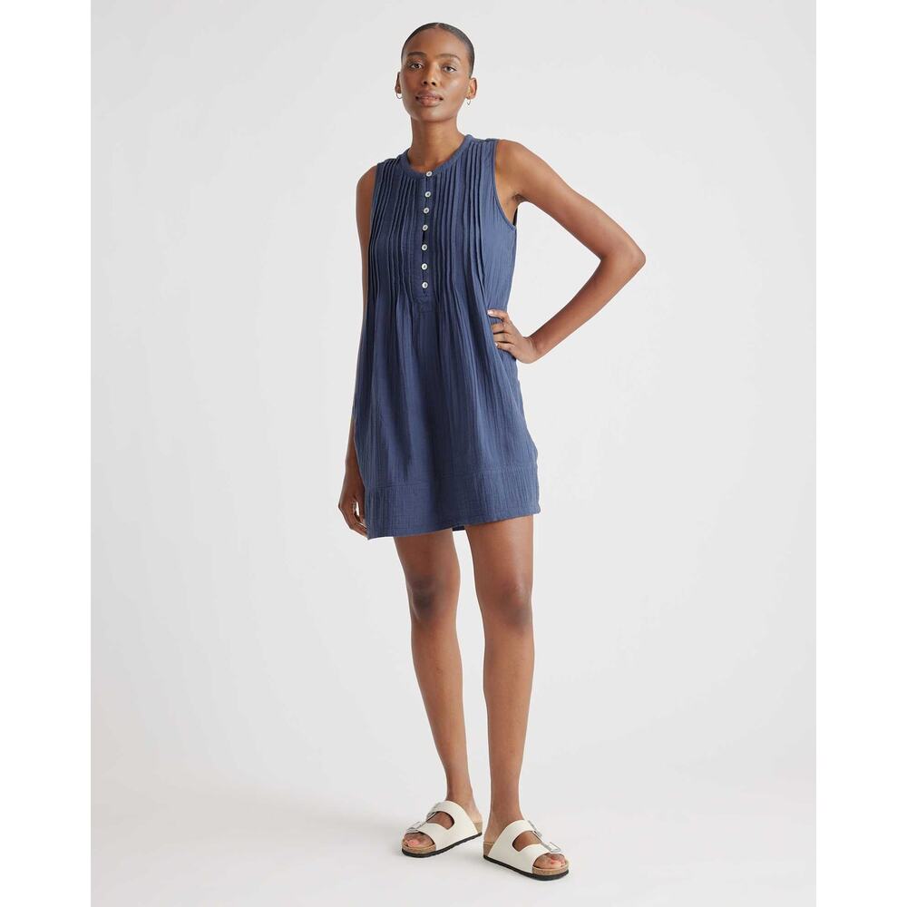NWT Quince 100% Organic Cotton Gauze Sleeveless Swing Dress Indigo Blue L